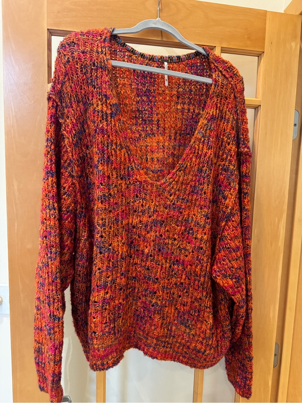 Free People Cozy V-Neck Chunky Knit Sweater - Multicolor Red/Orange
